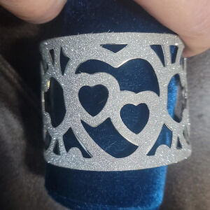 2" wide silver tone glitter hearts cuff bracelet